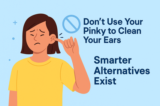 Illustration of a young woman with shoulder-length brown hair, frowning as she uses her pinky to clean her ear. The text 'Don’