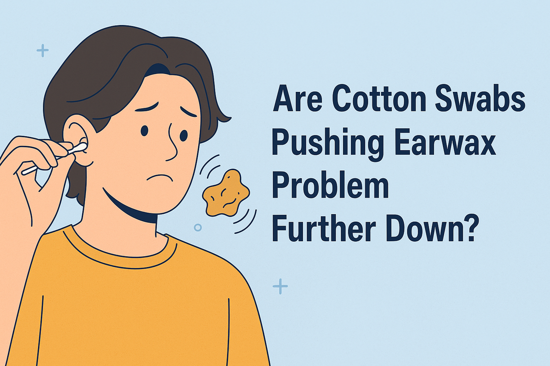Illustration of a young man with short dark hair, looking concerned while cleaning his ear with a cotton swab. The text 'Are C